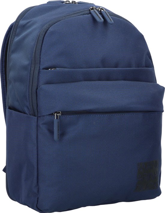 Donkerblauwe rugzak met twee ritsvakken aan de voorkant en 'MANDARINA DUCK' logo.