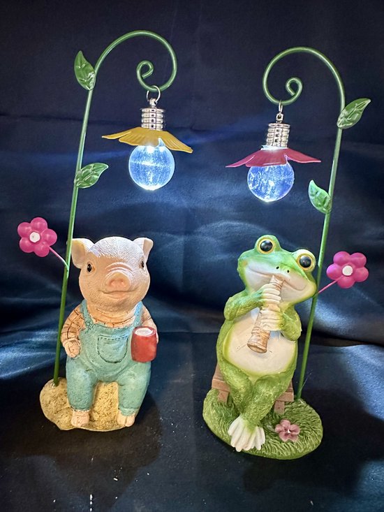 Animaux (de jardin) en polyrésine avec lanterne + fleur LED - lot de 2 pièces - Cochon + Grenouille sur banc - Hauteur 24 x 10 x 7 cm - Accessoires de maison - Accessoires jardin - Décoration de jardin