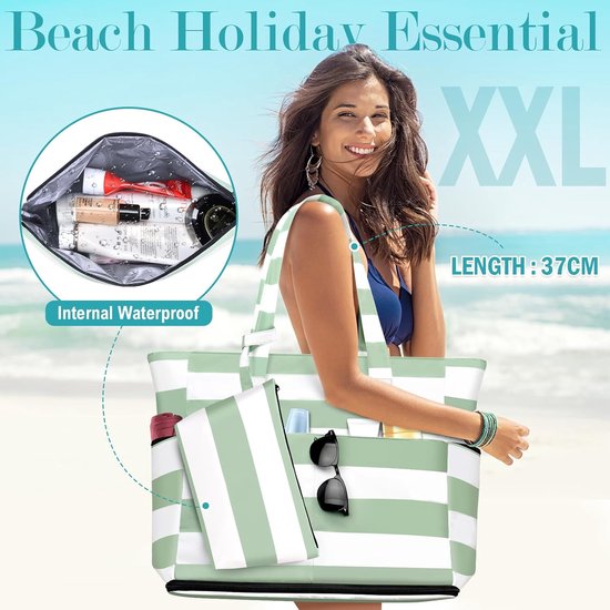 BTNEEU Strandtas - 45L extra grote waterdichte familievakantie zomer schoudertas met rits voor winkelen, yoga, reizen, picknick, Beige, Large