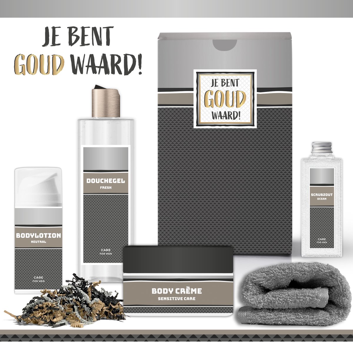 Goedkoopste Geschenkset Je Bent Goud Waard! - 5 Producten - 750 Gram | Giftset voor hem - Luxe Wellness Cadeaubox man - Douchegel Bodylotion Bodycrème Scrubzout - Vaderdag Verjaardag Vader - Cadeau Pakket Kerst - Vriend Collega Vrijwilliger - Antraciet Zilver