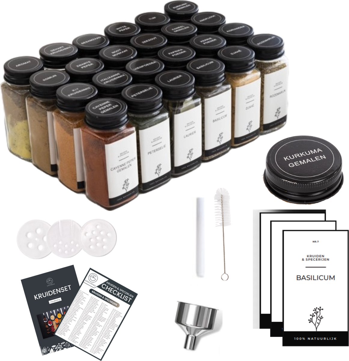 Organess 28 Glazen Kruidenpotjes Vierkant met Zwarte Deksel – 3 Soorten Strooideksels – Kruidenstrooier – Spice Jars – Complete Set incl Kruiden Stickers, Krijtstift en Accessoires – 120ml op Prijzenvolger.com