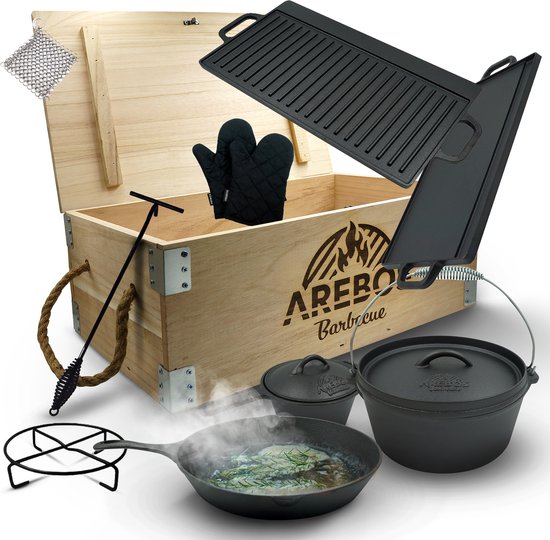 AREBOS Dutch Oven Set - Pan Gietijzer - Gietijzeren Pan BBQ - 9-delig - Outdoor Kookset - Houten kist