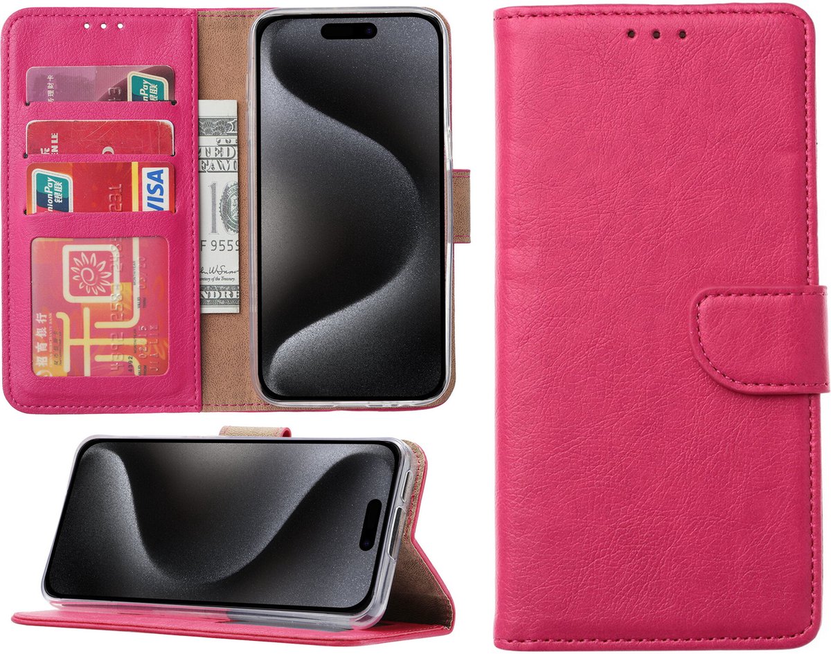 Hoesje geschikt voor iPhone 15 Pro - Bookcase - Pasjeshouder - Kunstleer - Roze