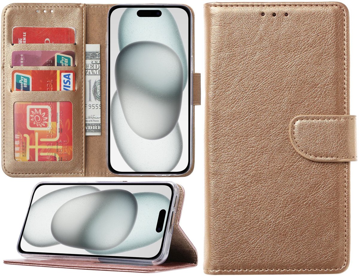 Hoesje geschikt voor iPhone 15 - Bookcase - Pasjeshouder - Kunstleer - Goud