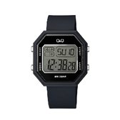 Q&Q-model m206j005-digitaal-herenhorloge-5 bar waterdicht-zwart-kunststof band-led light-alarm-2 tijden-stopwatch-