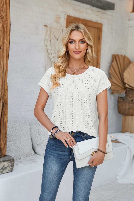 ASTRADAVI Damesmode - Top - Mooie Uitgeholde Jacquard Shirt - Off White / Large