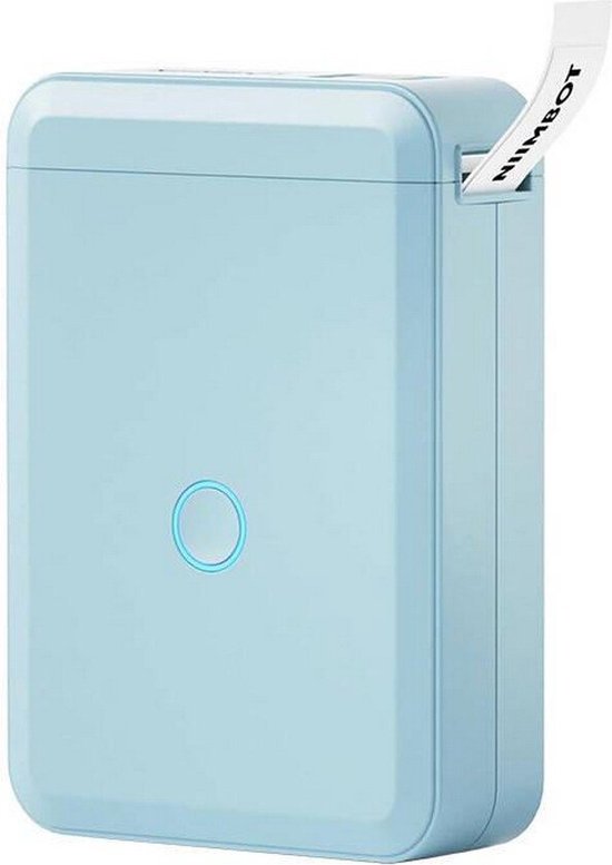 Lichtblauwe Niimbot D110 labelmaker met uitstekende labelrol.