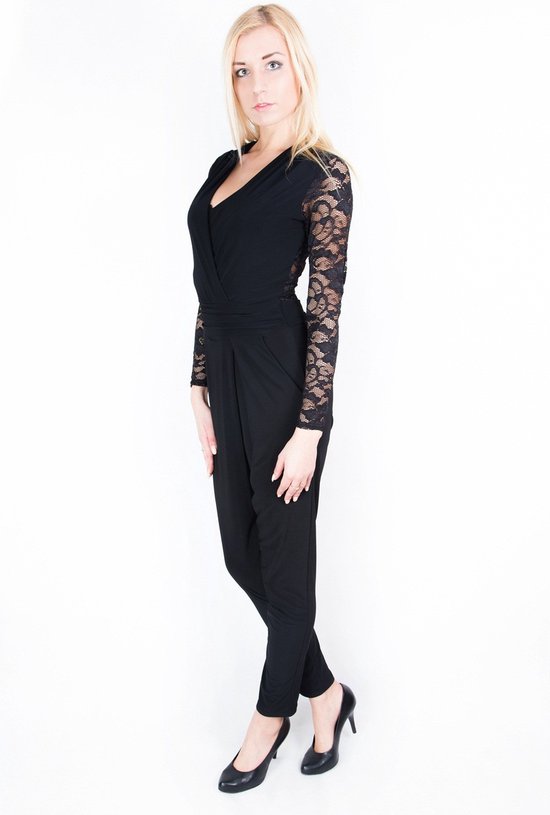 Zwarte jumpsuit met kant lange mouw John Zack bol
