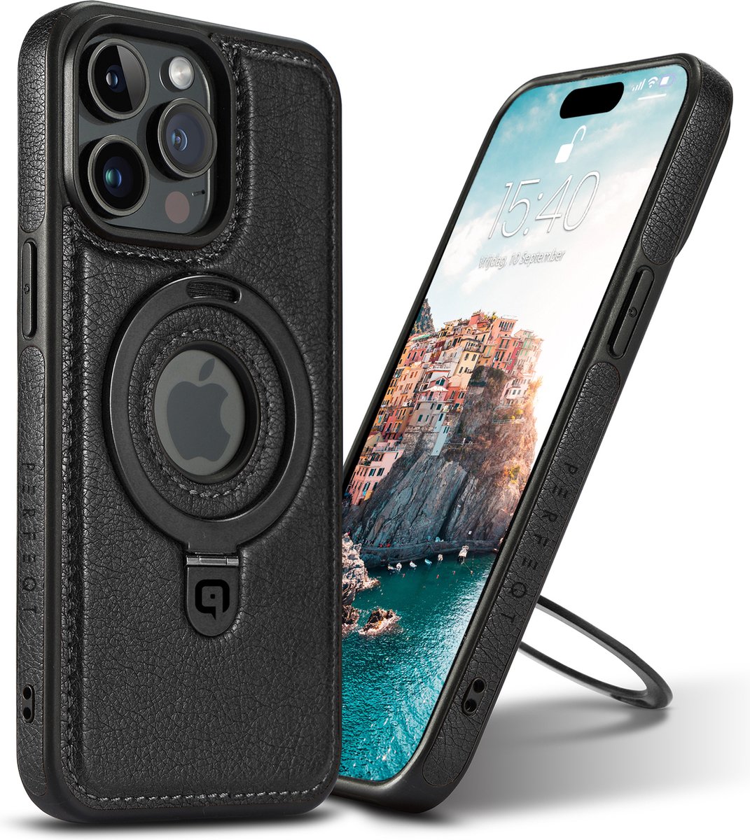 Perfeqt hoesje geschikt voor iPhone 15 Pro leren BackCover met Kickstand & Keyring houder - Black