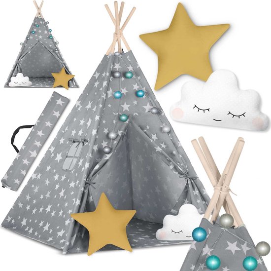 Foto: Kinder tipi tent met lichtjes grijs met sterren 120x120x165 cm