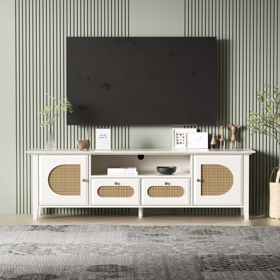 Foto: Modern tv meubel met opbergplanken en laden rotan deuren entertainment center tv media console tafel tv kast meubilair voor woonkamer wit 160x38x50cm