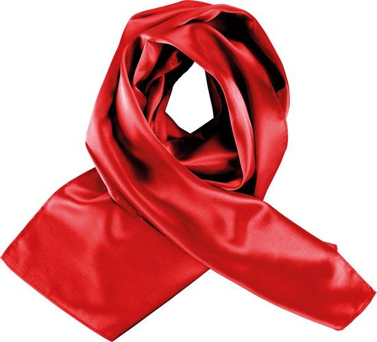 Foulard satiné rouge brillant, drapé en boucle.