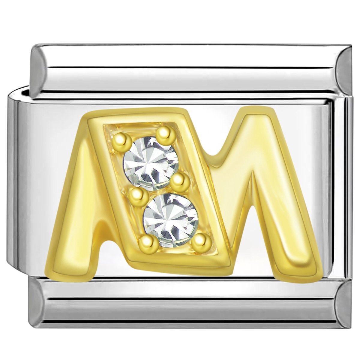 Quiges - Schakel - Bedel - 9mm - charms - Goud - Zirkonia - alfabet - letter M - Geschikt voor - armband - Schakelarmband - italy bedels armband