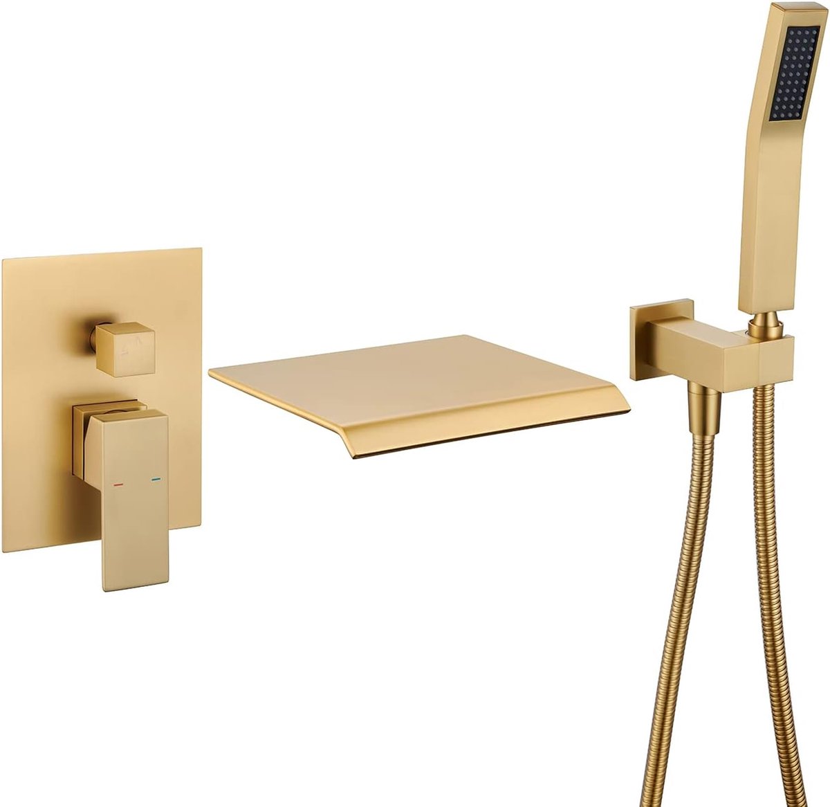 WEBO Deluxe inbouw badkraan met handdouche complete set - mat goud geborsteld - watervalontwerp - twee-knop bediening complete set