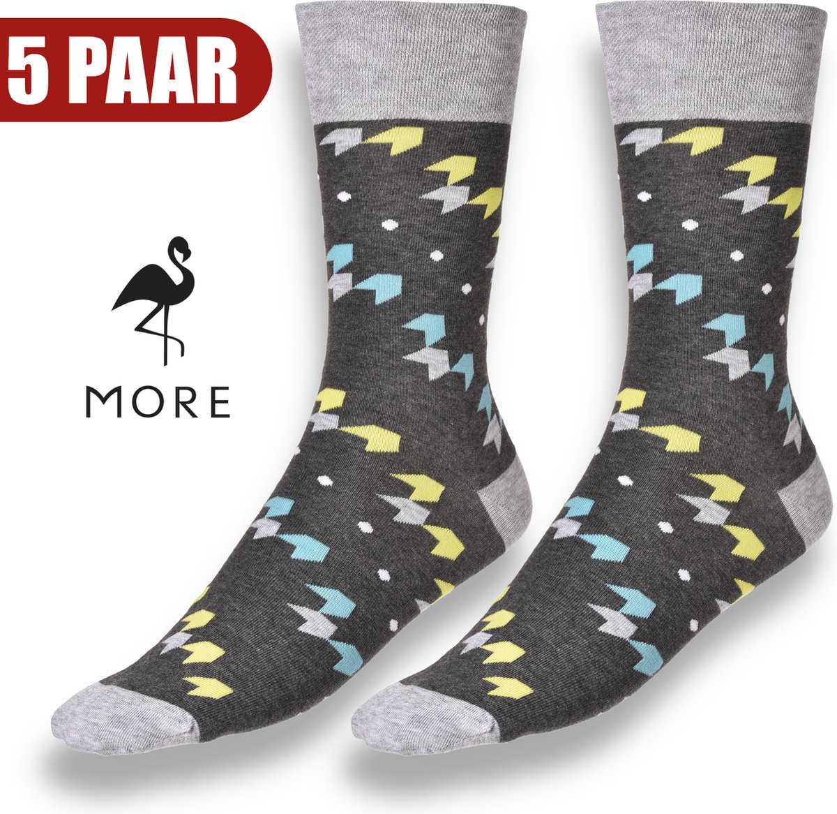 More Fashion - Elegante Heren Sokken 39/42 - 5-Pack - 74% Katoenen Sokken - Leuke Print - Kleurrijk Casual Extravagant - Grijs - MADE IN EU
