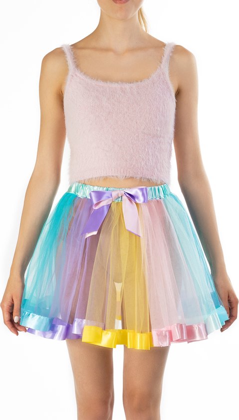 KIMU Tutu Pastel Regenboog Petticoat - Maat M L - Tule Rokje Rok Doorschijnend - Eenhoorn Kostuum Unicorn Pak Pride Carnaval Volwassenen Lichtroze Halloween