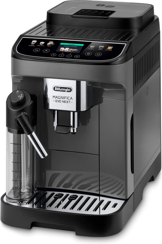 Zwartgrijze volautomaat DeLonghi Magnifica Evo Next met melkreservoir en bedieningspaneel.