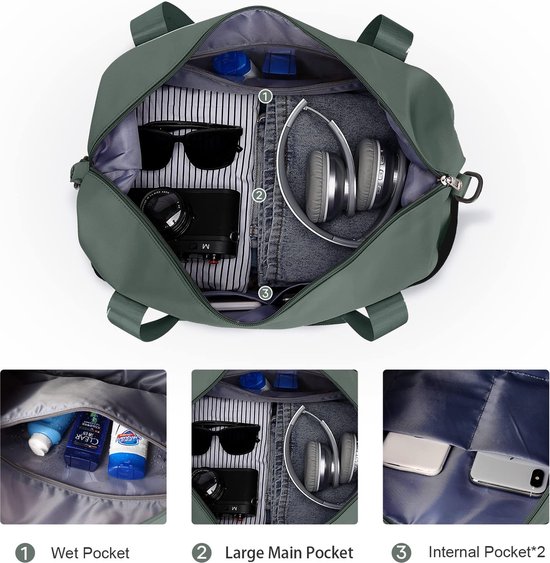 Sac de voyage Femme Sac de sport 40x20x25 Ryanair Sac Bagage à main Sac week-end Sac de natation étanche Sac de voyage Sac polochon Sac de fitness Sac d'entraînement femme pour voyager salle de sport,A1-vert