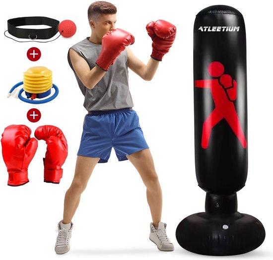 Foto: Atleetium opblaasbare bokszak bokspaal staande bokszak bokszak voor kinderen volwassenen boxzak boksen en trainen inclusief gratis bokshandschoenen reflex bal pomp