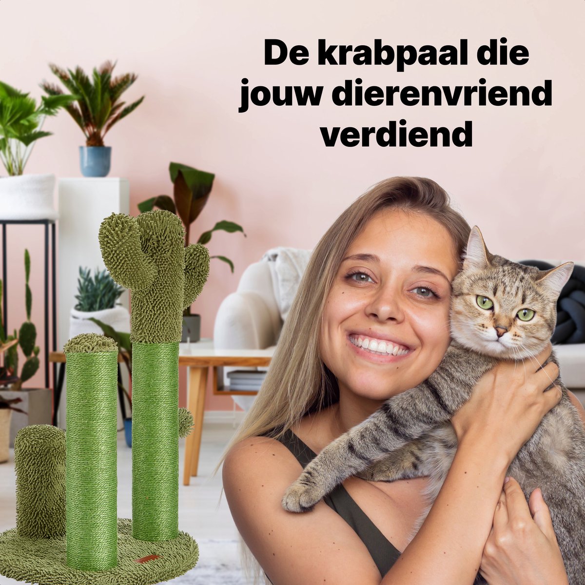 Jake and Jacky Krabpaal voor Katten Cactus Groen - Krabmeubel - met Kattenspeeltje - H 70, 48 en 22 cm – foto 6