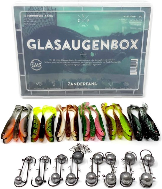 Hechtset Zanderfang Rubberen vis box - rubberen vissen met jigkop voor snoekbaars - 30 snoekbaarzen rubberen vissen - 6 kleuren - 95 cm - 16 jigkoppen maat 2/0 - 5-20 gram - 10 hangers - snaps Hechtset — afbeelding 4