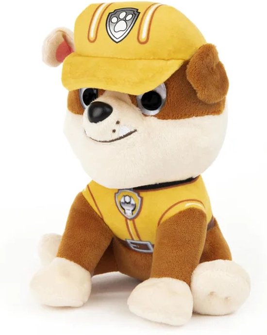 Rubble, de bouw-pup van PAW Patrol, in zijn gele constructie-uniform en helm.