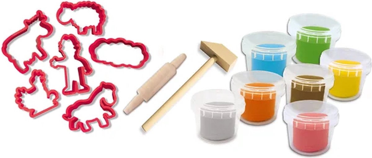 SES - My First - Klei mega set met tools en Klei Vormpjes - glutenvrije klei in heldere kleuren - droogt niet uit - boerderij uitsteekvormen - met houten deegroller en hamer