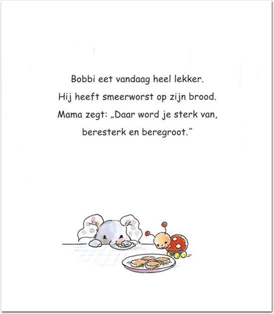 Illustratie uit kinderboek: olifantje kijkt naar boterham met smeerworst, lieveheersbeestje zit ernaast.