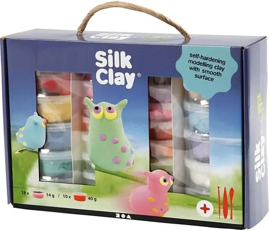 Boîte d'argile de modelage 'Silk Clay', avec 18 pots, 10 pots de 14g et 1 pot de 40g. Avec de petites figurines.