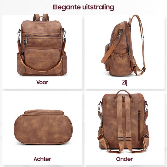 Bruine Glennoo rugzak, van voor, zijkant, achter en onderkant.
