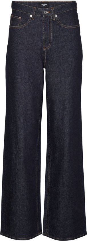 Donkerblauwe wijde jeans met oranje stiksels en vijf zakken.
