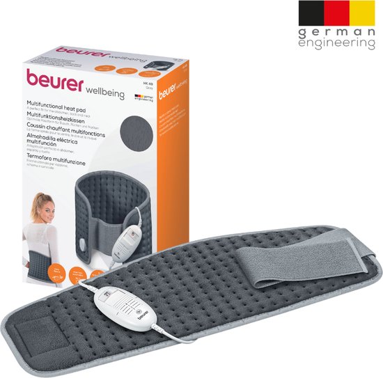 Beurer HK 49 Elektrisch Warmtekussen - Heating pad - Warmteband - Buik & rug - 69 x 28 cm - 3 Warmtestanden - Snelle opwarming - Automatische uitschakeling - Fleece - Machinewasbaar - 3 Jaar garantie - Grijs