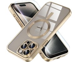 BixB hoesje met screenprotector geschikt voor iPhone 15 Pro MagSafe siliconen Backcover - Goud
