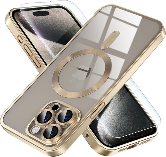 BixB hoesje met screenprotector geschikt voor iPhone 15 Pro MagSafe siliconen Backcover - Goud
