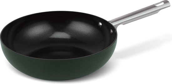 Brabantia Futura Green Wokpan Non-Stick - Ø 28 cm –100% PFAS-Vrije keramische antiaanbaklaag – Retro Design -Geschikt voor Inductie - 100% Recycled Aluminium – Donker Groen