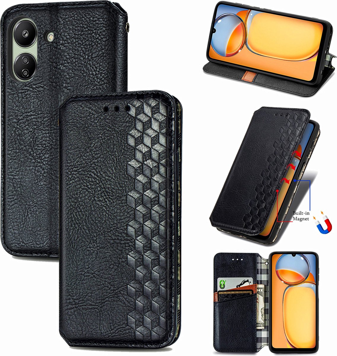 Luxe PU Lederen Ruitpatroon Wallet Case voor Redmi 13C 4G _ Zwart