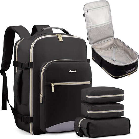 Whoopr® Handbagage Rugzak - 40 Liter - Grote Reisrugzak voor Dames - Waterdichte Kofferrugzak voor 17 Inch Laptop - Rugtas School - Ideaal voor Reizen, Zakenreizen, Wandelen en Weekendtrips - Zwart