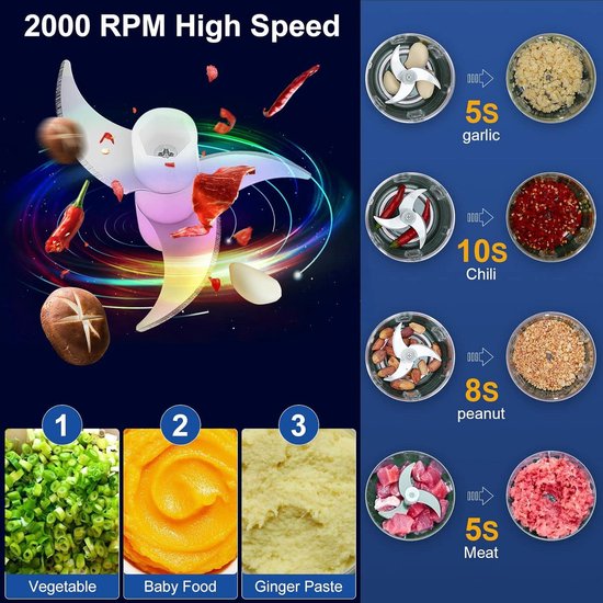 Elektrische mini-knoflookhakselaar - eierklopper - voedselhakmolen - draadloze knoflookpershakselaar - draagbare blender - groente fruit - waterdicht - siliconen oppervlak - 250+250ML (blauw) — afbeelding 3