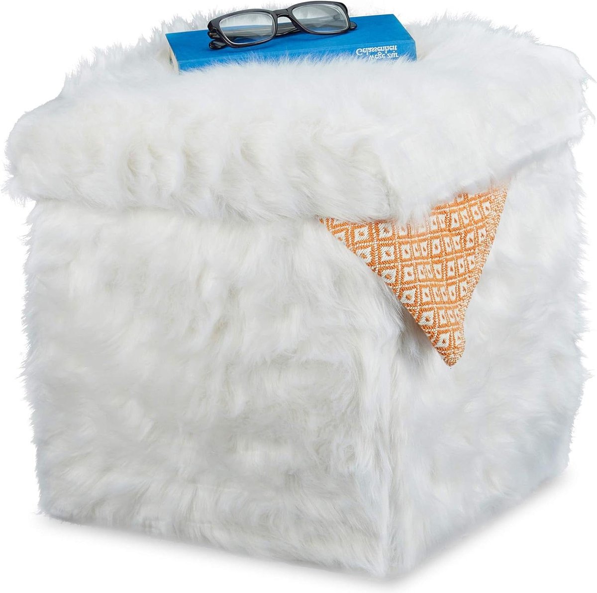 Gepolsterde opvouwbare poef met pluche vacht en opbergruimte - 40 liter - wit - 39x38x38 cm