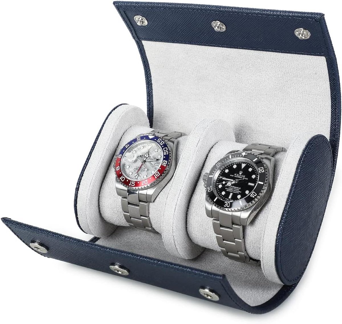 Opberghoes voor 2 Horloges - Handgemaakte Saffiano Lederen Reishorloge Case - Draagbaar met Verwijderbare Kussens - Blauw