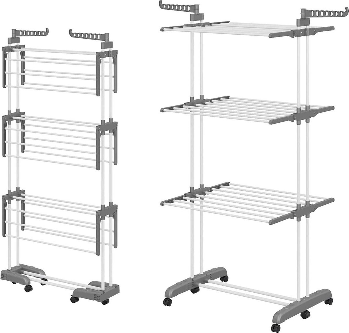 Goedkoopste Inklapbaar wasrek - 6 opvouwbare vleugels - 3 niveaus - lengte 66-130 cm - bespaart ruimte - grijs