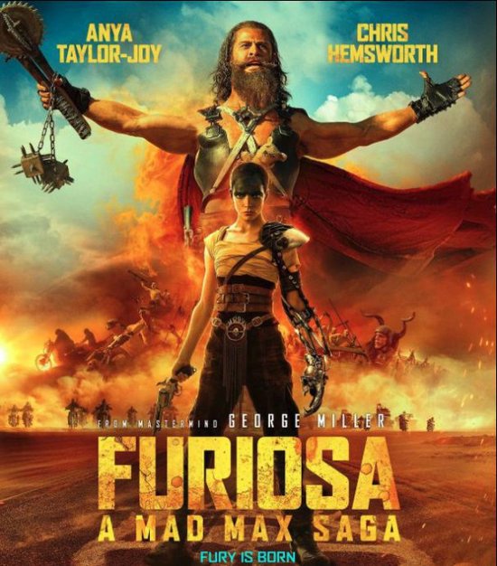 Furiosa: Een Mad Max Saga poster met Anya Taylor-Joy en Chris Hemsworth in woestijnlandschap.