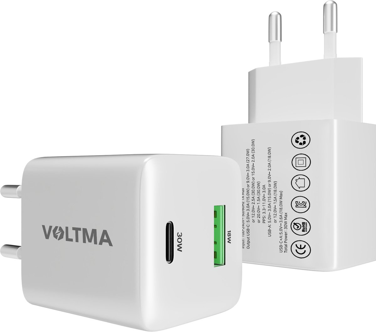 Voltma 30W USB-A en USB-C oplader - 2 poorten (Type-C/A) - usb c adapter met GaN-technologie - 30 Watt Oplaadstekker - snellader compatibel met iPhone15/Samsung S-serie/Note - Wit