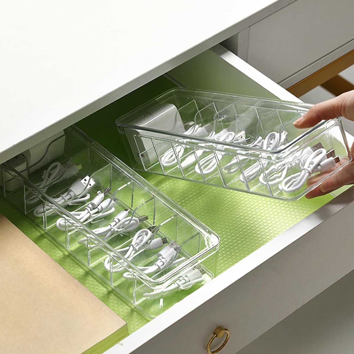 Kabelopbergdoos, 2 stuks kabelorganizerbox met deksel, 8 vakken met 30 kabelbinders, transparante kabelmanagementbox voor bureauopslag, kantoor, thuisgebruik