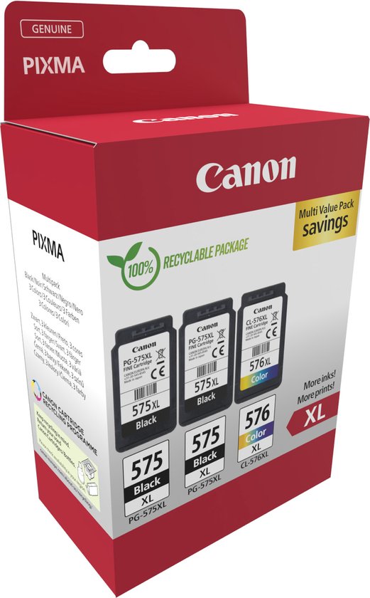 Pack Multi Valeur Canon PIXMA, deux cartouches noires PG-575XL et une cartouche couleur CL-576XL. Emballage recyclable.