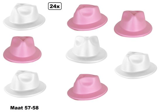 24x Party festival foam deukhoedje wit en roze mt.57/58 - dames en/of kids - carnaval thema feest party vinyl foam hoedje optocht maffia feestje multi pride