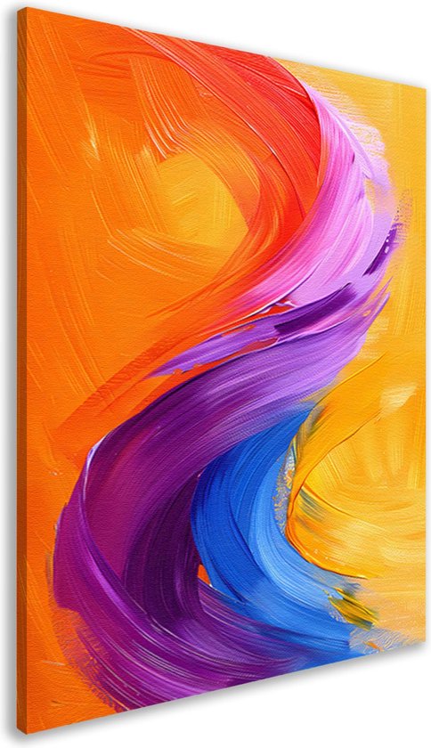 Abstract schilderij met oranje, paarse en blauwe verfstreken, staand op de zijkant.