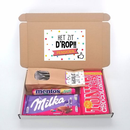 Pensioen cadeau - brievenbus cadeau - "Het zit d'rop - Pensioen" - chocolade - zakje het zit d'rop - cadeau