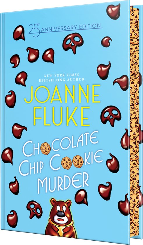 Livre "Chocolate Chip Cookie Murder" édition 25e anniversaire, avec des chocolats et des biscuits sur la couverture et un ours.