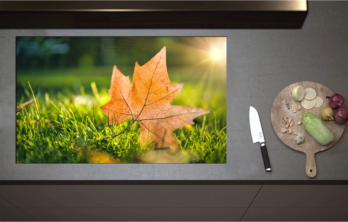 Inductieplaat Beschermer - Bruin Herfstblad op Groen Gras met Zonnestraal - 90x55 cm - 2 mm Dik - Inductie Beschermer - Bescherming Inductiekookplaat - Kookplaat Beschermer van Wit Vinyl
